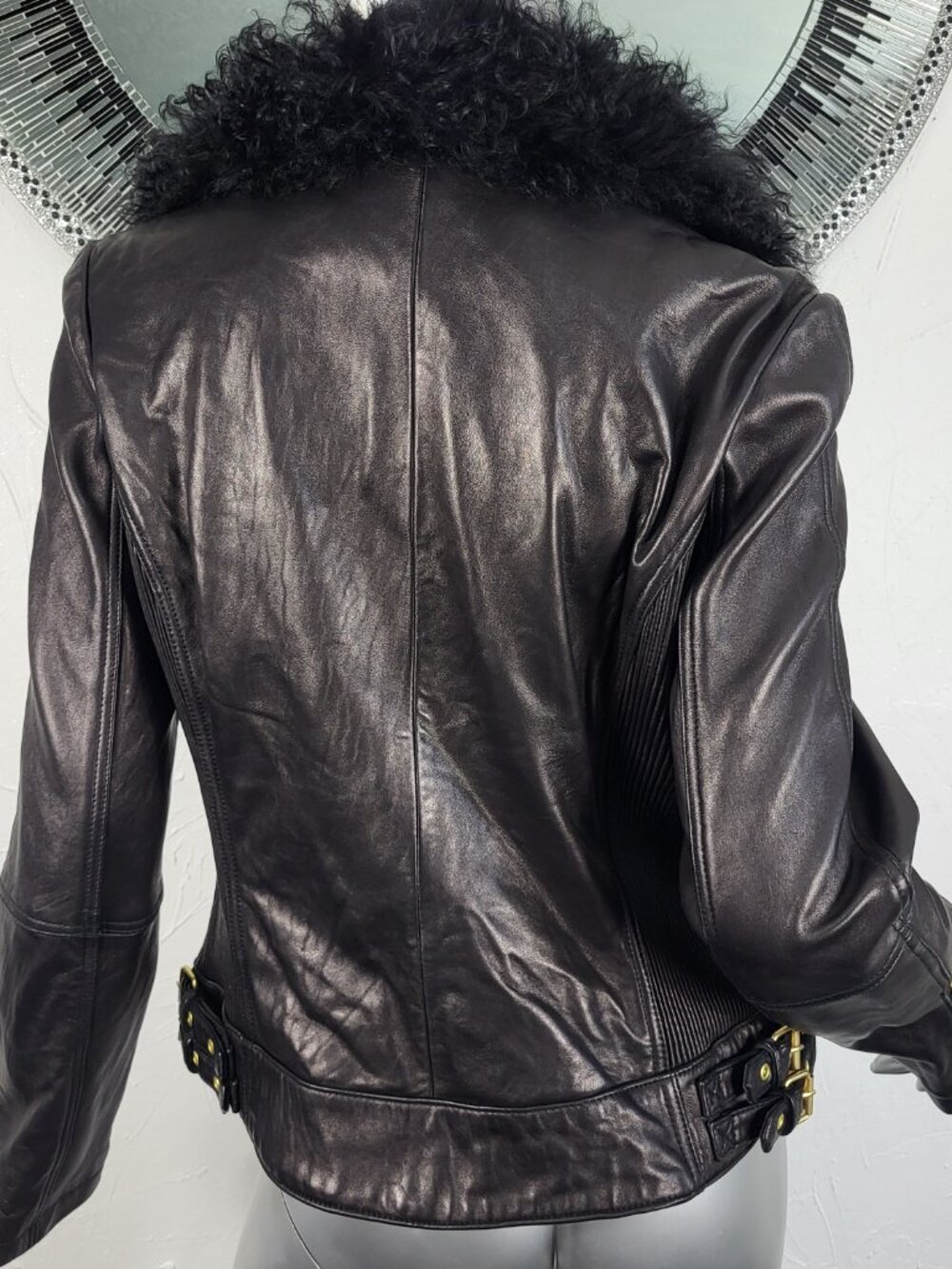 WILSON'S~M~BLACK GENUINE LEATHER REAL MONGOLIAN CURLY LAMB FUR MOTO JACKET COAT - Picture 12 of 16